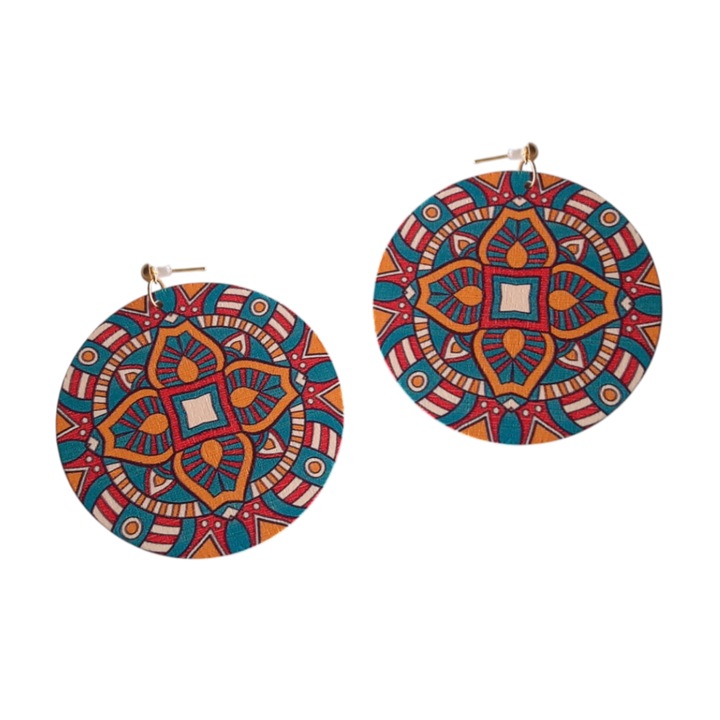 Cercei rotunzi statement, Floral Senses, model mandala, turcoaz si portocaliu, cu surub confortabil din silicon