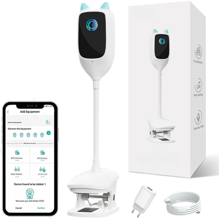 Babafigyelő WatchMe WiFi, 2 az 1-ben Multi View BIRAI®, UltraHD, Éjszakai látás, Telefonalkalmazás, Zoom, Alvásbiztonság, Mozgásérzékelő és hangok figyelmeztetésekkel, Távoli hozzáférés az alkalmazáshoz, LED izzók, SD kártya port, Felügyelet, Fehér