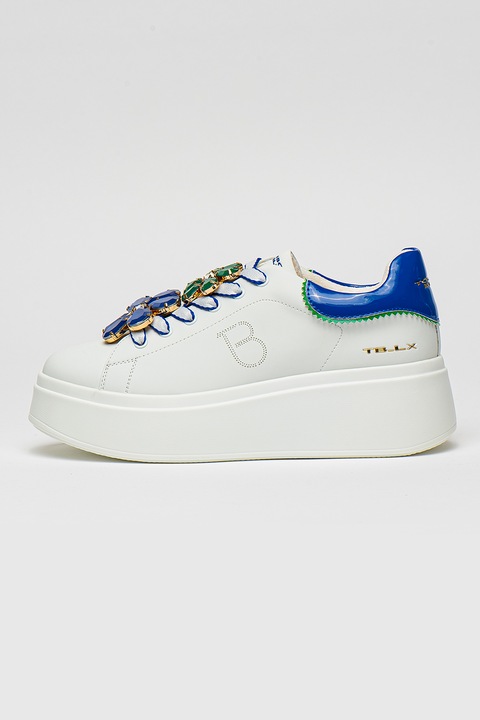 Tosca Blu, Pantofi sport din piele cu platforma si elemente florale Elettra, Alb/Albastru royal, 37