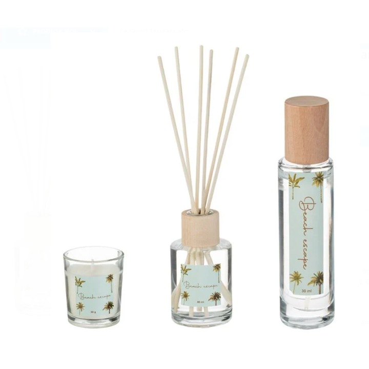 Szobai légfrissítő készlet 80 ml, Beach Escape olajspray pálcikákkal 30 ml + gyertya