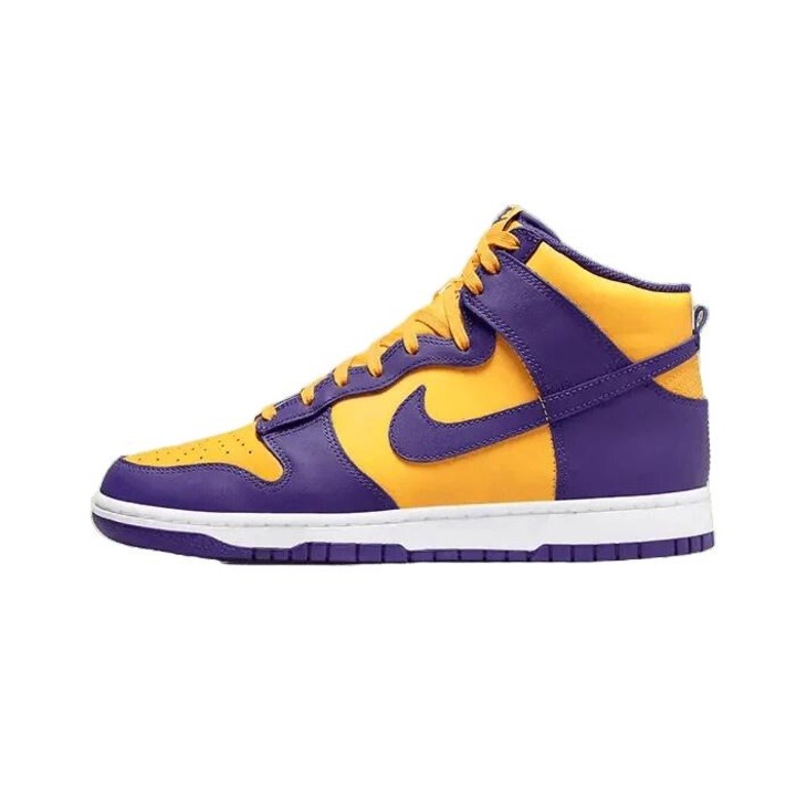 Pantofi sport barbati, Nike Dunk High, culori Lakers, violet si galben, material rezistent, 47 EU