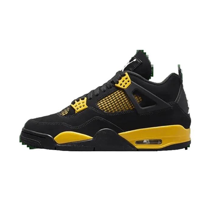 Pantofi sport barbati Jordan Air Jordan 4 Retro Thunder, piele de caprioara, negru-galben, sistem de amortizare Air-Sole