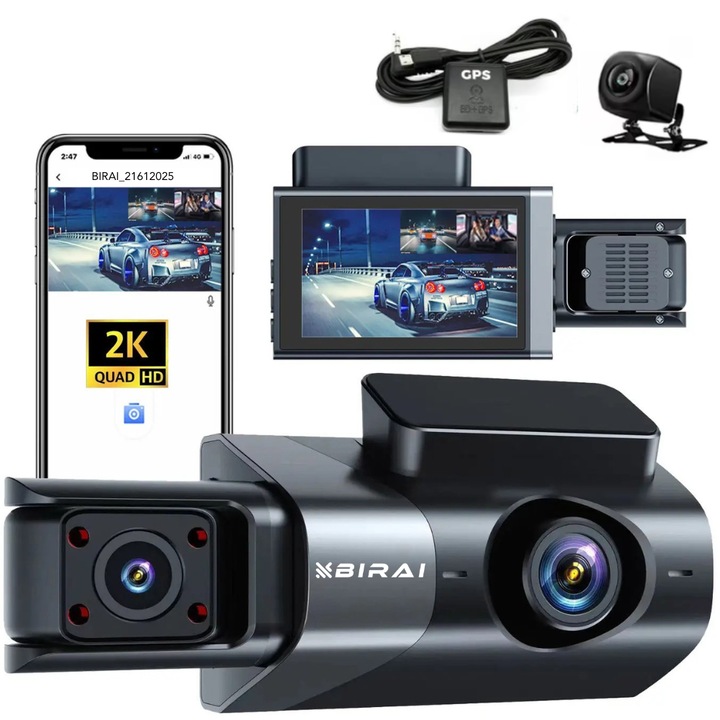Камера За Кола BIRAI, DVR Видеорегистратор, Предна, Задна и Вътрешна Камера, FHD2K+1080P, 170° Ъгъл, 3" 4" Дисплей, Нощно Виждане, Двойно и Циклично Записване, G-Сензор, Детекция На Движение, Паркинг Режим, Черен