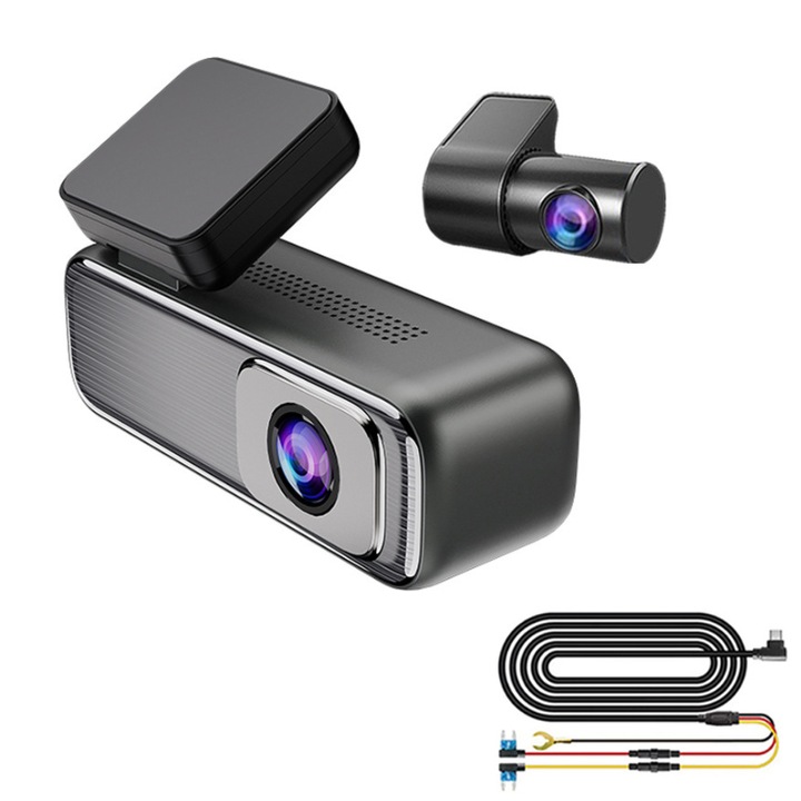 Camera Auto de Bord DVR Duala 2K + Spate Full HD, DashCam Ultra HD cu Ecran LCD, Monitorizare Parcare, Wi-Fi, Night Vision, G-Senzor, Unghi 140° si Alimentare la Panoul de Sigurante, Aida HER®