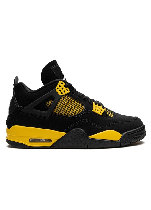 Pantofi sport barbati Jordan Air Jordan 4 Retro Thunder, piele de caprioara, negru-galben, sistem de amortizare Air-Sole