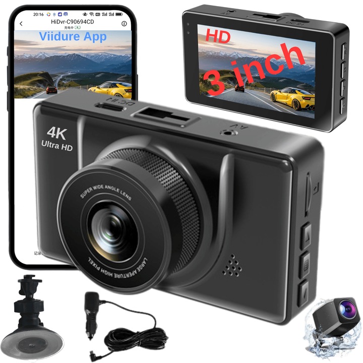 Интелигентна WiFi камера за таблото на автомобила 4K +1080P MOGODA, Заснемане 170° отпред и 145° отзад, Резолюция 3840x2160 4K UHD отпред и 1920x1080 отзад, IPS HD 3-инчов екран, Нощно виждане, G-сензор, WDR, приложение Viidure, Светло черно