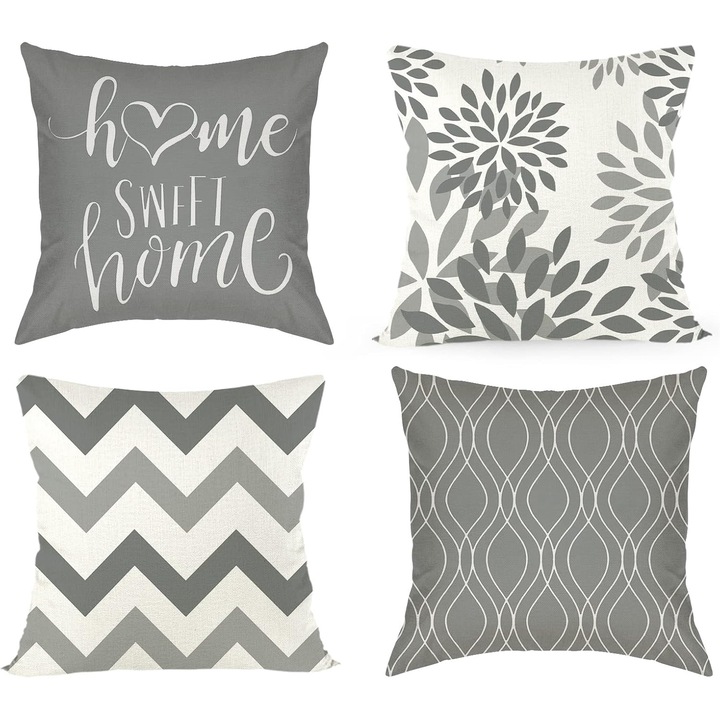 Dekoratív párnahuzat "Home sweet home", Textil anyag, 4 db, 45 x 45 cm, Szürke/Fehér