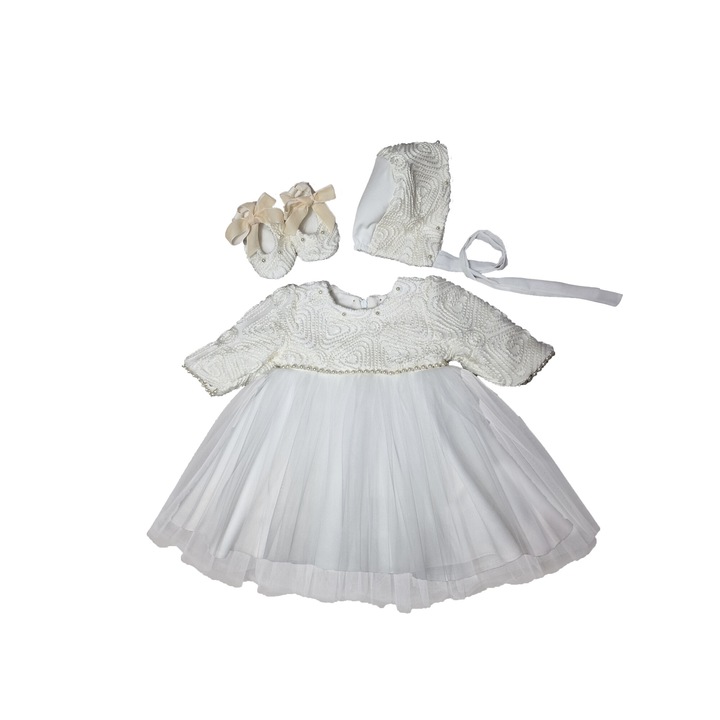 Rochie botez Oly, 3 piese, ivoire, tulle, 3-6 luni, 68 CM