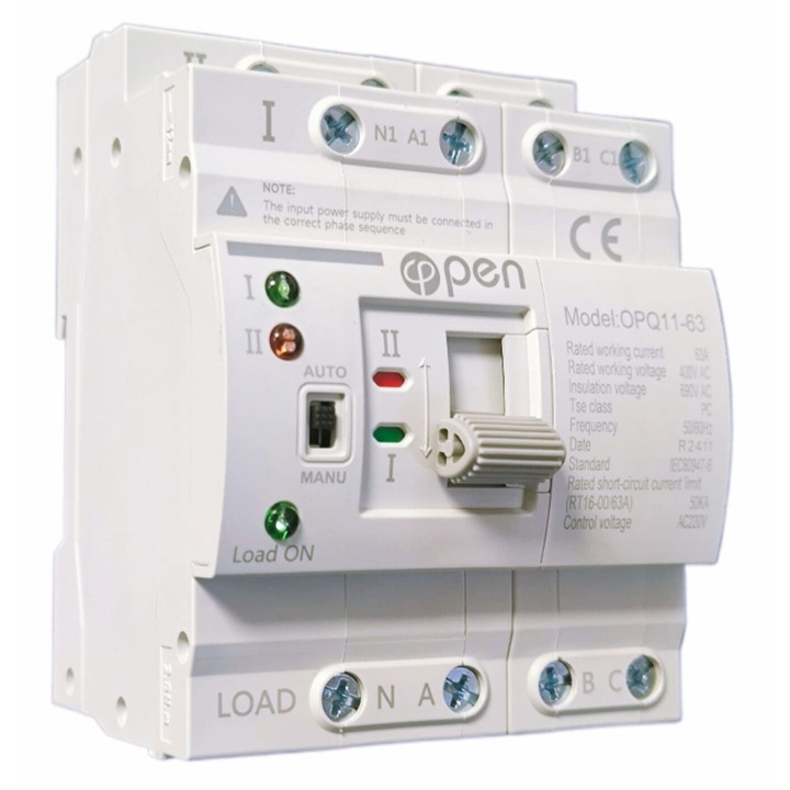 Comutator Automat Trifazat ATS 63A – 4P – Model NOU | Transfer Automat intre Doua Surse | Montaj pe Sina DIN | OPEN
