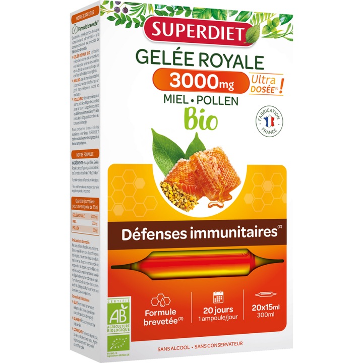 Laptisor De Matca Superdiet - Gelee Royale 3000 Mg Bio - 20 Fiole din Sticla X 15ml