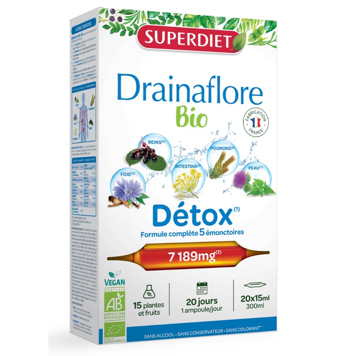 Drainaflore Detoxifiere Bio, 20 Fiole din Sticla X 15ml, Superdiet