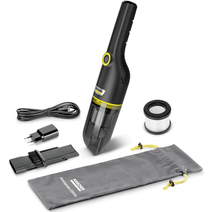 Компактна ръчна прахосмукачка Karcher CVH Anniversary Edition 1.198-355.0, 100 W, 2.5 Ah, HEPA 12 филтър, 20 мин. Автономия (max), Зарядна станция, Черен