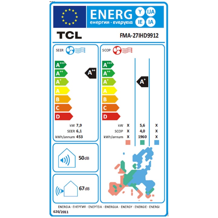 Aer conditionat multisplit TCL FMA-27I3HD9912, unitate exterioara de 27000 BTU, unitati interioare 1x 12000BTU + 2x 9000BTU, Clasa A++, R32, Incalzire, Display Digital, Air flow 3D, 4 way airflow, Eco Mode, I feel, Sleep mode, WiFi