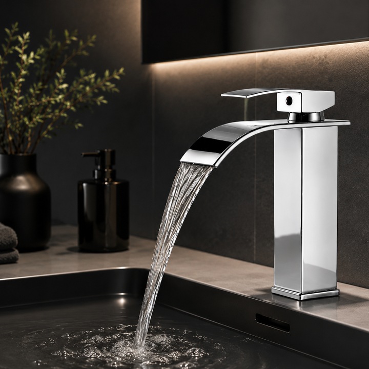 Fürdőszoba csaptelep, vízesés típusú, egykaros, minimalista design, modern, csatlakozók mellékelve, rozsdamentes acél, rozsda- és korrózióálló, könnyen telepíthető, ezüst