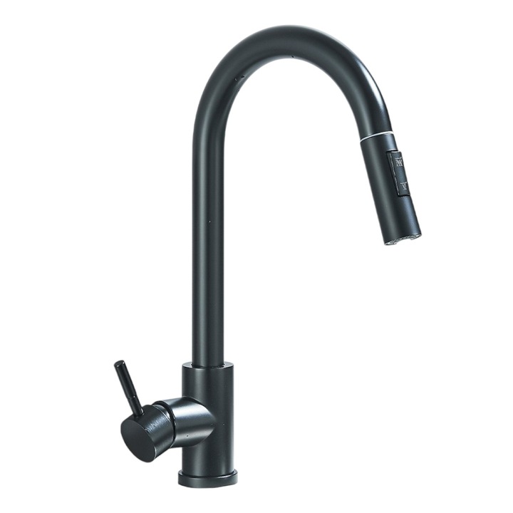 Konyhai mosogató csaptelep, Kihúzható zuhany, matt fekete, 2 áramlási funkció, mérete 39 cm