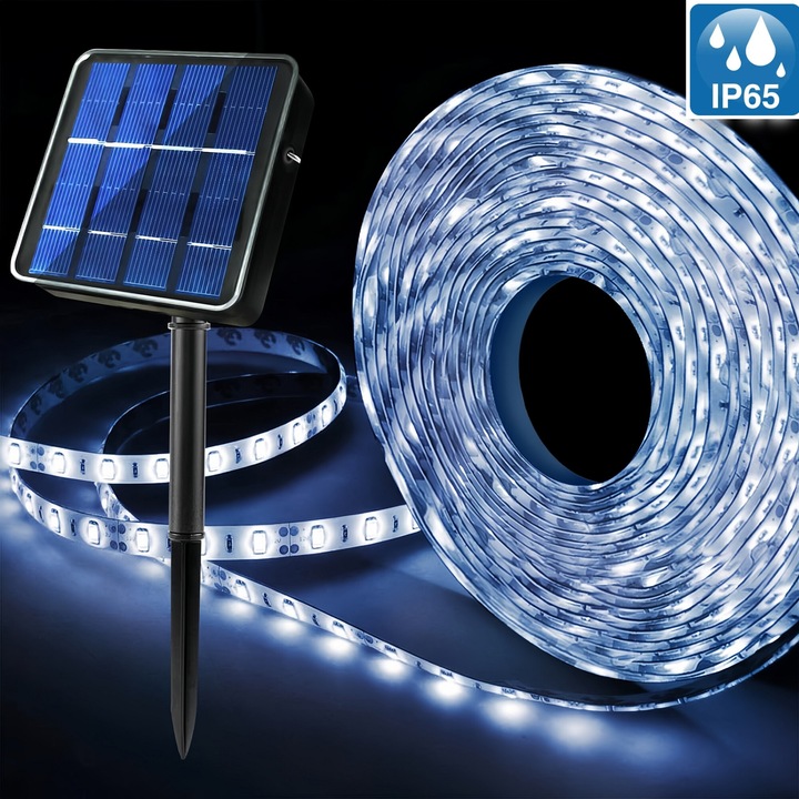 Соларна LED лента, 300 LED, 5M, 8 режима на осветление, студено бяла светлина, водоустойчива IP65