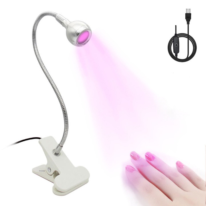 Lampa de unghii Gooseneck, ZOUN, cu clema de fixare, reincarcabila USB, pentru manichiura si pedichiura, portabila, flexibila, argintie