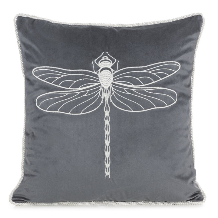 Fata de perna decorativa 45x45 Eurofirany grafit argint brodat libelula