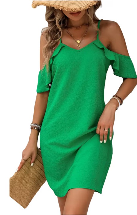 Rochie de vara lejera, volanase pe umeri, Verde