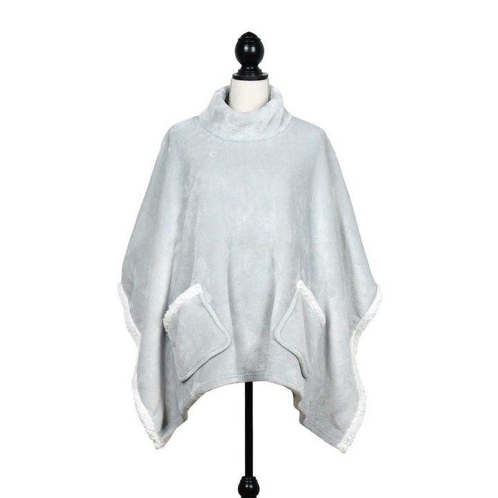 Одеяло-суитшърт, плат, сладко, мек материал, кръгло деколте, джобове с пухкава козина, 75 x 110 см, полиестер, сребристо