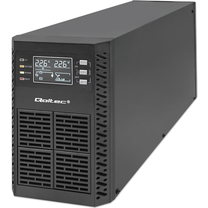 UPS, Qoltec, 2kVA, 2000W, Power Factor 1.0, LCD, EPO, USB, On-line, Черен