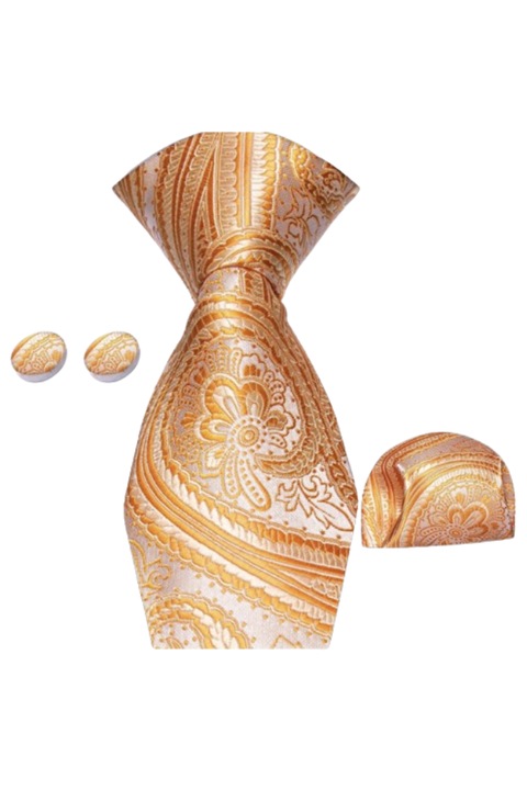 Set Cravata, Batista si Butoni, Culoare Portocaliu, 150 x 8 cm, Model Paisley, 100% Matase