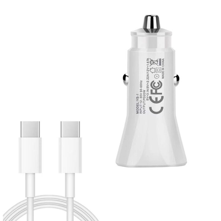 Set Incarcator Auto USB-C 20W pentru iPhone 16/15pro/16proMax/15 pro max cu cablu date Usb C-C 2M, 67W