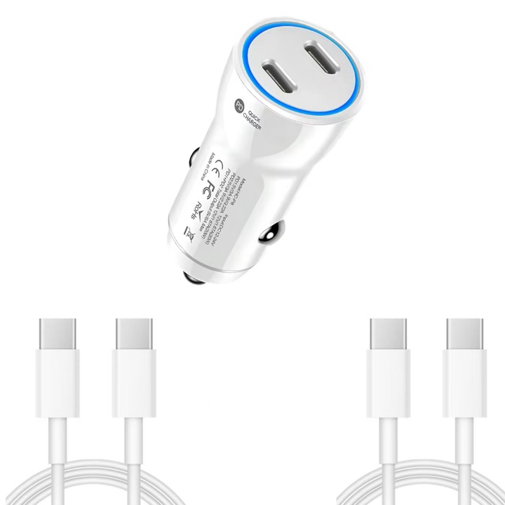 Kit incarcator auto Dual USB-C-C 60W, 2 Cablu date USB-C-C 67W, 2M, Compatibil cu iPhone 16, 16,15 pro max, QUANDES®