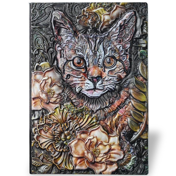 Jurnal Blooming Whiskers, Agenda Din Piele Ecologica, Format A5, Coperta 3D, Lucrat Manual, 200 Pagini Vintage, Liniate, Cusatura, Multicolor