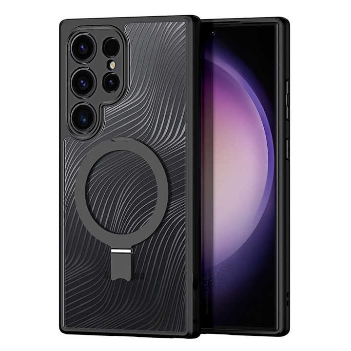 Калъф MagSafe, съвместим Samsung Galaxy S25 Ultra, FONIX Matte DeLuxe MagStand, Матова повърхност, Прозрачен гръб с перлени акценти, Повдигнати ръбове, Анти-шок, Стойка / поддържаща функция, Съвместим с безжично зареждане, Черен/Прозрачен