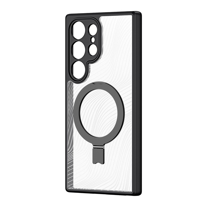 Калъф MagSafe, съвместим Samsung Galaxy S25 Ultra, FONIX Matte DeLuxe MagStand, Матова повърхност, Прозрачен гръб с перлени акценти, Повдигнати ръбове, Анти-шок, Стойка / поддържаща функция, Съвместим с безжично зареждане, Черен/Прозрачен