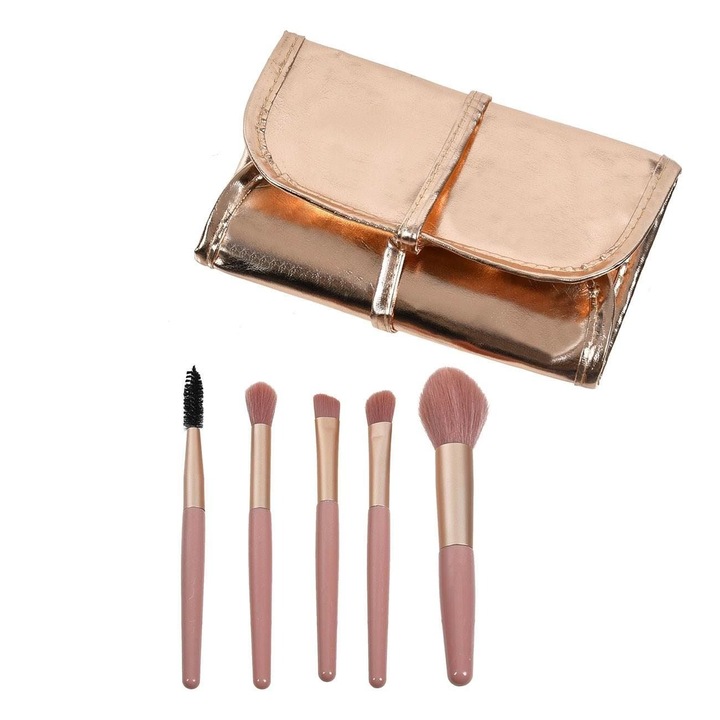 Set 5 Pensule Machiaj Fard Obraz Ochi Sprancene Maner Auriu Roz Husa Aurie