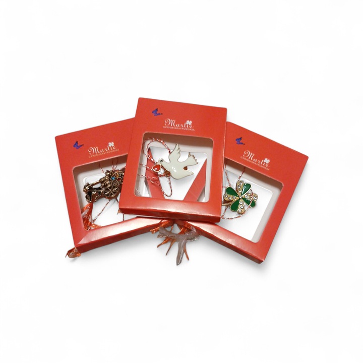 Set 3 Martisoare Tip Brosa Turturea, Caruta Si Trifoi Cu 4 Foi, In Cutiute Transparente