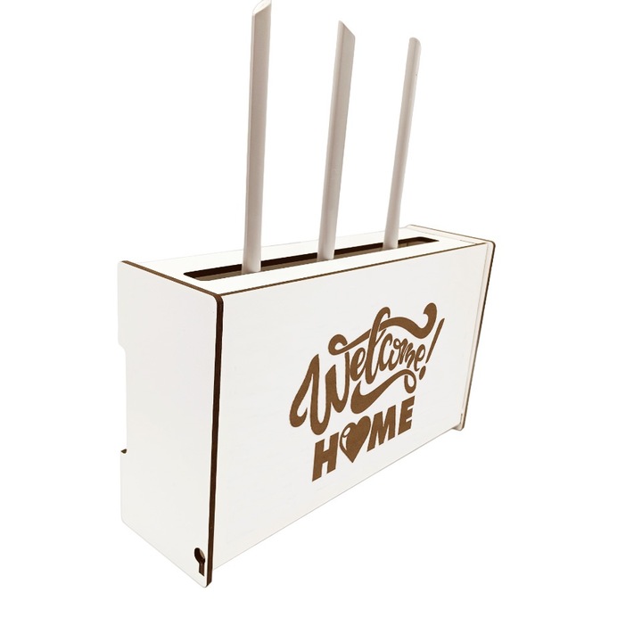 Raft Suport Router Wireless, 34x20x9 cm, pentru mascare fire si echipament WI-FI, posibilitate montare pe perete, Alb cu mesaj welcome home 2