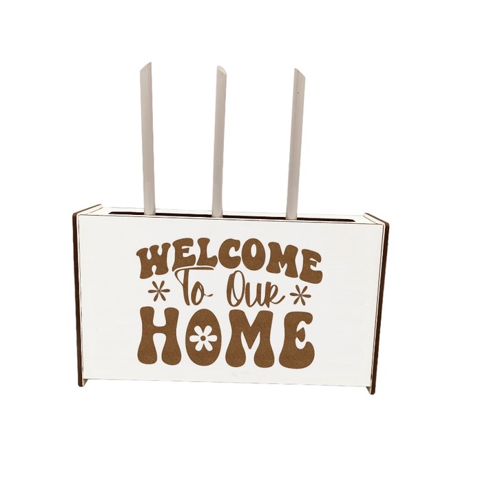 Raft Suport Router Wireless, 34x20x9 cm, pentru mascare fire si echipament WI-FI, posibilitate montare pe perete, Alb cu mesaj welcome to our home v2