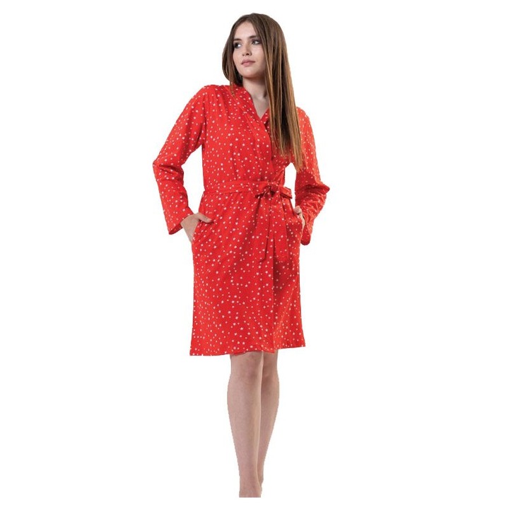 Halat femei, bumbac, cu stelute, maneca lunga, rosu, Rosu