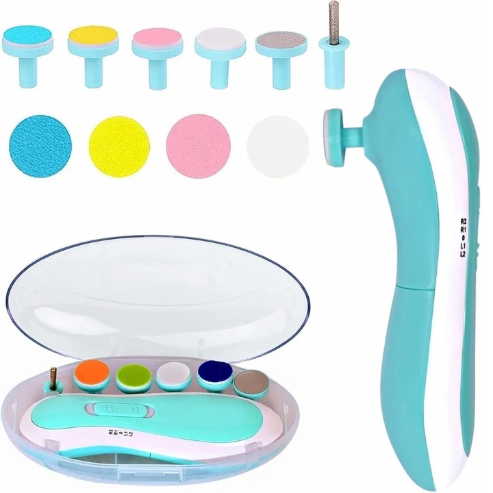 Pila de Unghii Electrica, Set Manichiura pentru Bebelusi Copii si Adulti, 6 Capete, Iluminare LED, Albastru