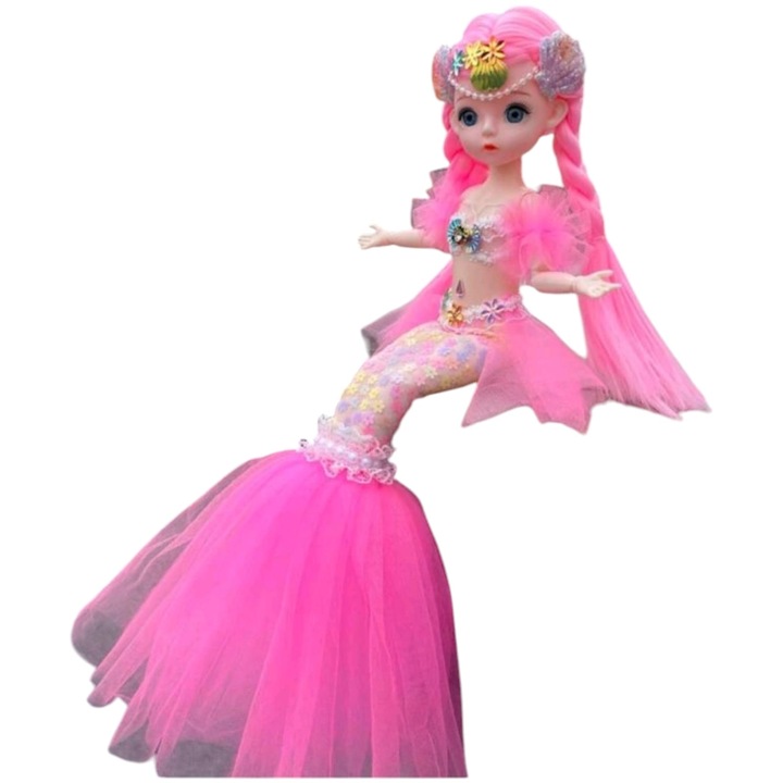 Hableány csuklós baba rózsaszín hajjal és ruhákkal, 45cm