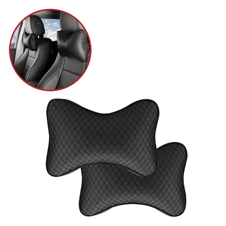 Set 2 perne tetiere auto pentru gat, piele artificiala PU, model matlasat, 27 x 19 x 10 cm, negru