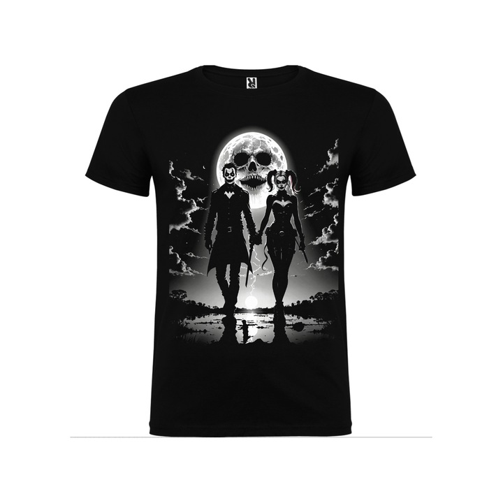 Férfi póló, fekete pamut, személyre szabott Harley Quinn & Joker, S-es méret