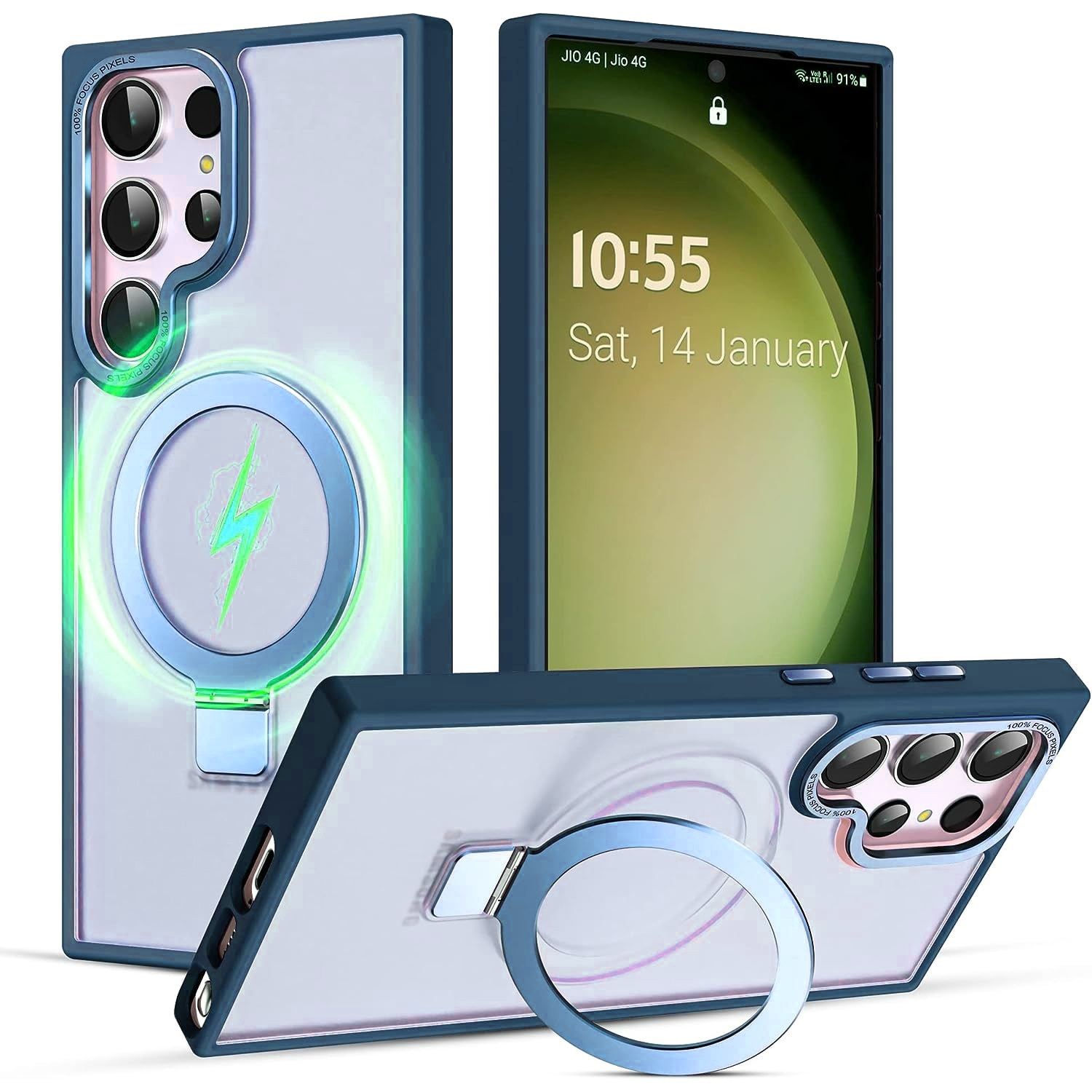 Husa pentru Samsung S25 Ultra Premium Magsafe Ring, Inel de Prindere, Incarcare Wireless, Protectie Camera, Antisoc, Fumuriu cu margini Albastre