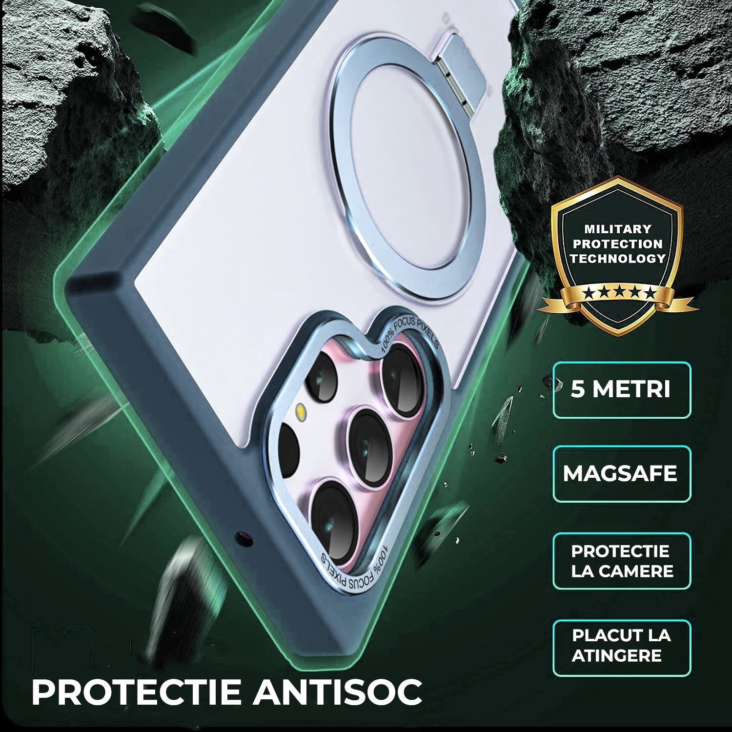 Husa pentru Samsung S25 Ultra Premium Magsafe Ring, Inel de Prindere, Incarcare Wireless, Protectie Camera, Antisoc, Fumuriu cu margini Albastre