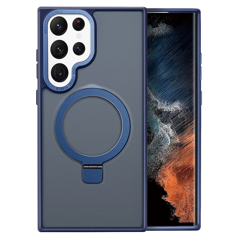 Husa pentru Samsung S25 Ultra Premium Magsafe Ring, Inel de Prindere, Incarcare Wireless, Protectie Camera, Antisoc, Fumuriu cu margini Albastre