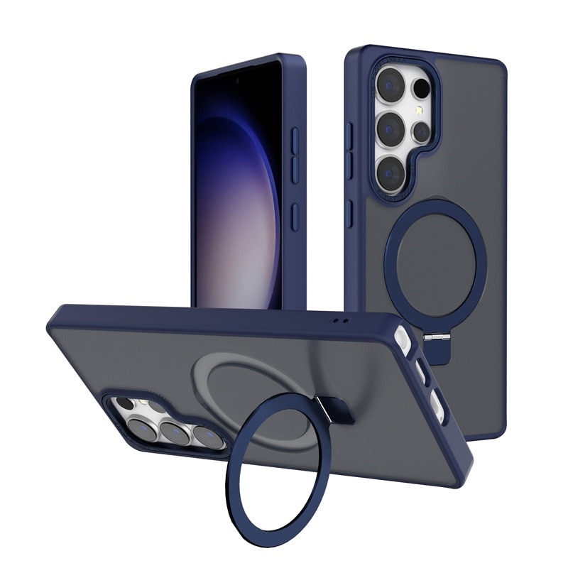 Husa pentru Samsung S25 Ultra Premium Magsafe Ring, Inel de Prindere, Incarcare Wireless, Protectie Camera, Antisoc, Fumuriu cu margini Albastre