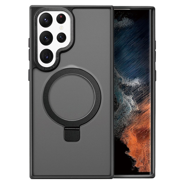 Калъф за Samsung S25 Ultra Premium Magsafe Ring, Grip Ring, Безжично зареждане, Защита на камерата, Anti-Shock, Smoke с черни ръбове