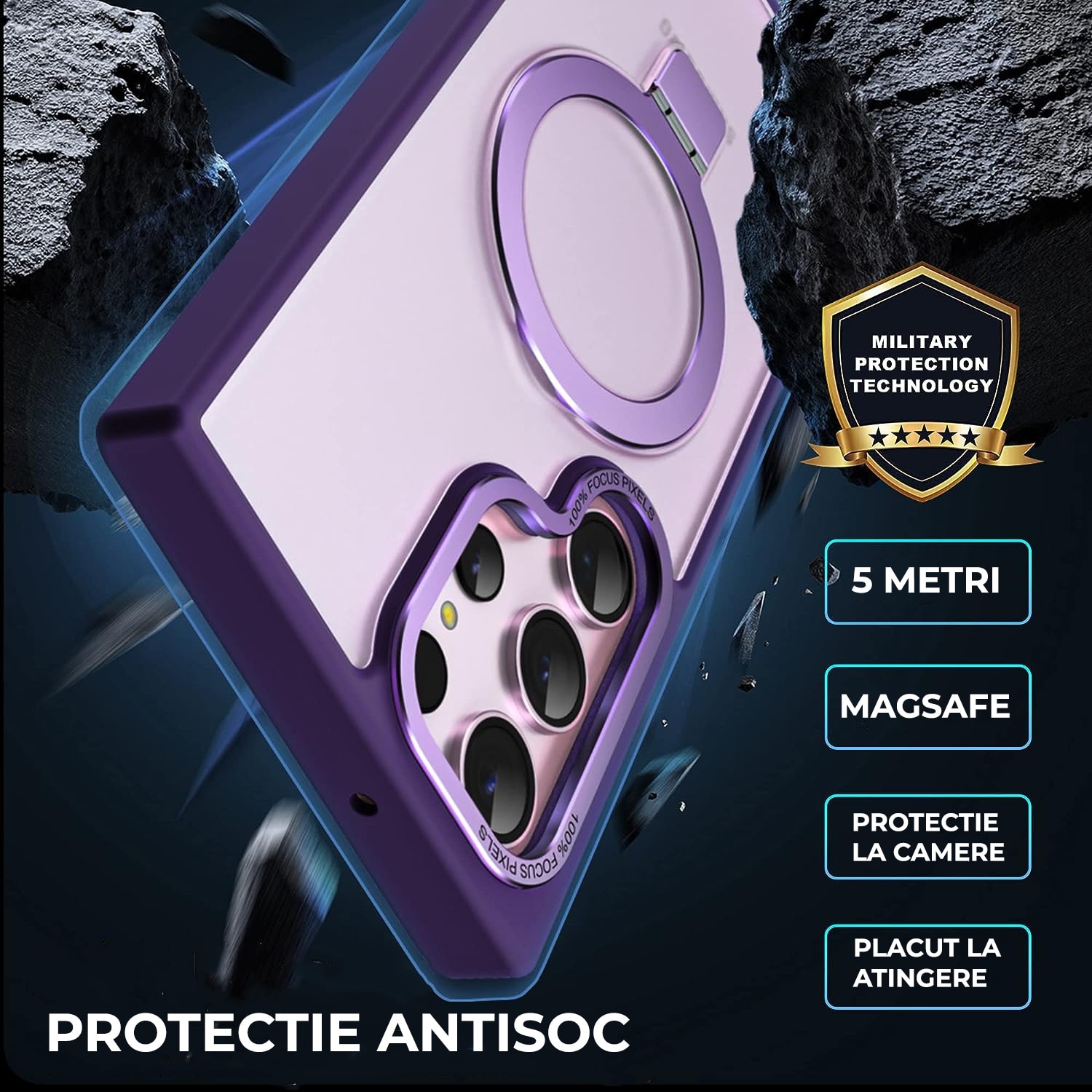 Husa pentru Samsung S25 Ultra Premium Magsafe Ring, Inel de Prindere, Incarcare Wireless, Protectie Camera, Antisoc, Fumuriu cu margini Mov