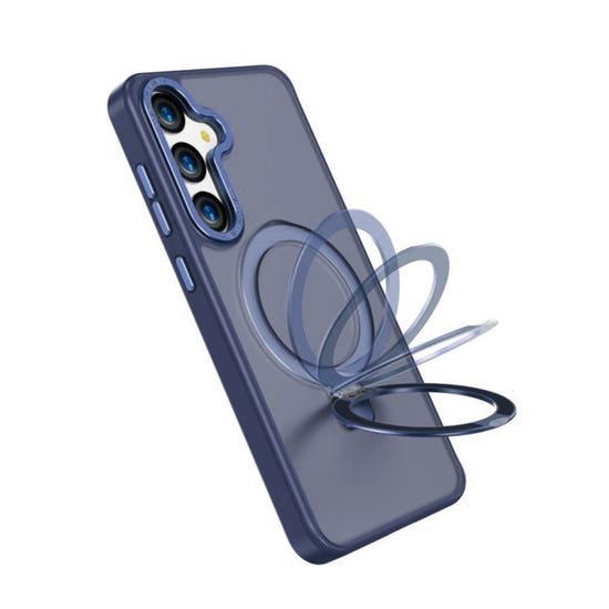 Husa pentru Samsung S25 Premium Magsafe Ring, Inel de Prindere, Incarcare Wireless, Protectie Camera, Antisoc, Fumuriu cu margini Albastre