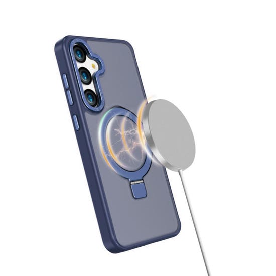 Husa pentru Samsung S25 Premium Magsafe Ring, Inel de Prindere, Incarcare Wireless, Protectie Camera, Antisoc, Fumuriu cu margini Albastre