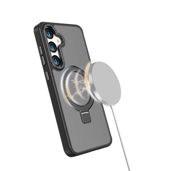Husa pentru Samsung S25 Plus Premium Magsafe Ring, Inel de Prindere, Incarcare Wireless, Protectie Camera, Antisoc, Fumuriu cu margini Negre