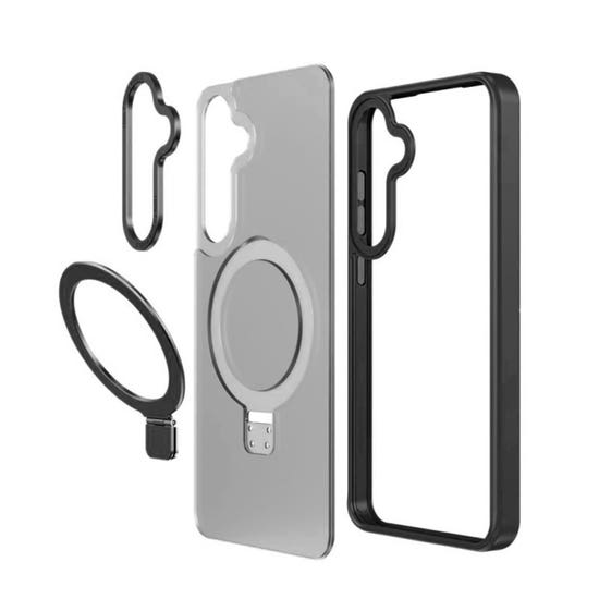 Husa pentru Samsung S25 Plus Premium Magsafe Ring, Inel de Prindere, Incarcare Wireless, Protectie Camera, Antisoc, Fumuriu cu margini Negre